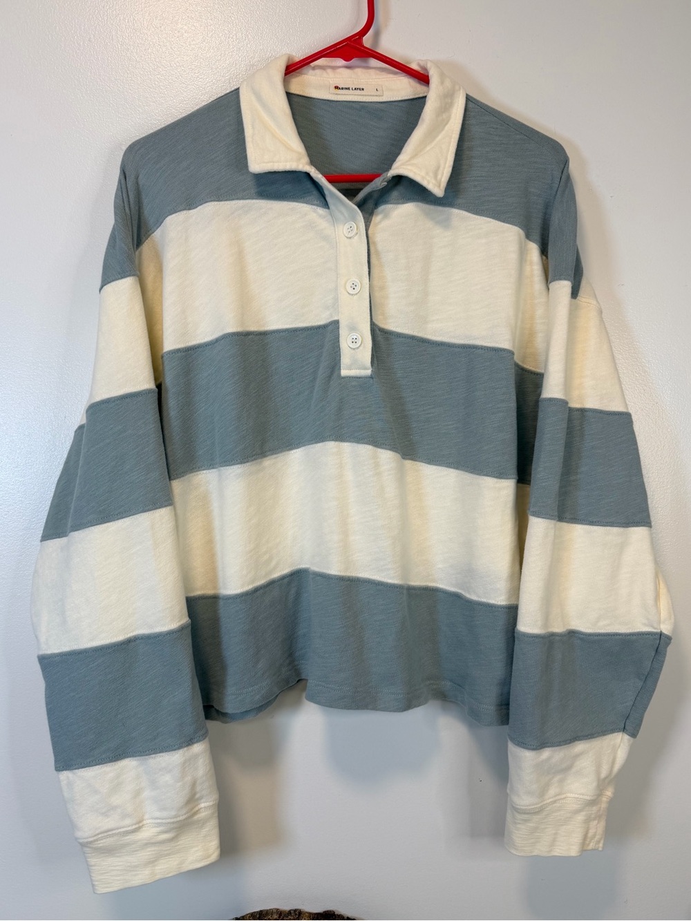 Marine Layer Rugby Crop Striped Polo Cream and Dusty Blue Boxy Women’s Large